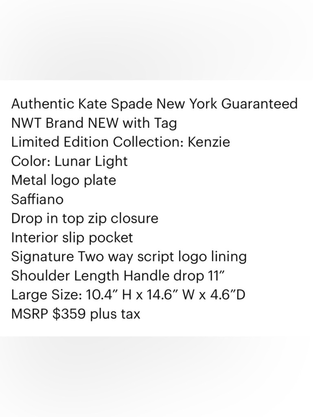 Kate Spade Metallic Silver Lunar Light Saffiano Leather Large Tote Kenzie NEW - Picture 7 of 7